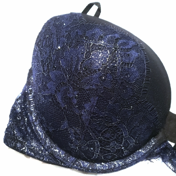 VICTORIA'S SECRET Shimmery Bling Blue Lace Black Very Sexy Push Up Bra Size: 36B - Picture 2 of 4